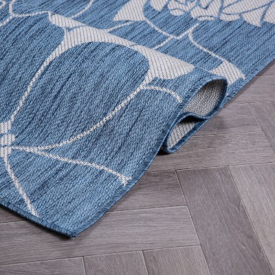 Blue Floral Synthetic Flat Woven Indoor/Outdoor Rug