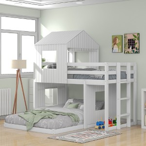 Whisen Playhouse Style L-Shaped Twin Over Full Bunk Bed with Built-in Ladder and Guardrails - 1 of 4
