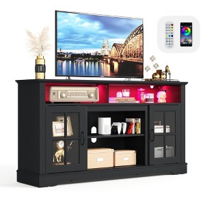 Modern Glass TV Stand for 65" TVs, Entertainment Center with LED Lights, Storage Cabinets & Adjustable Shelves - 1 of 4