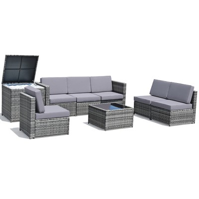 Tangkula Set of 8 Gray Rattan Wicker Sofa & Table Outdoor Cushioned Sectional Patio Furniture