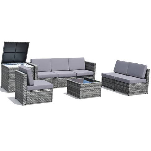 Tangkula Set Of 8 Gray Rattan Wicker Sofa & Table Outdoor Cushioned ...