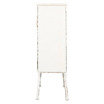Distressed White Metal Cabinet with 3 Drawers and Open Shelf