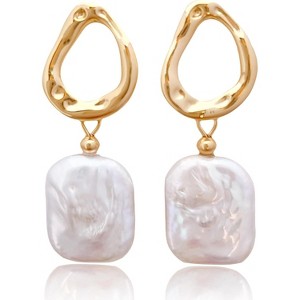 Baroque Pearl Stud & Hoop Earrings - Cultured Freshwater Pearl Square Statement Drop Dangle, Gold Plated Bridal & Birthday Gift - 1 of 4