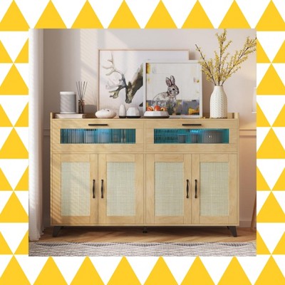 Garvee Sideboard Buffet Cabinet with Power Outlet & LED Light -with 2 Fluted Acrylic Drawers & 4 Rattan Doors