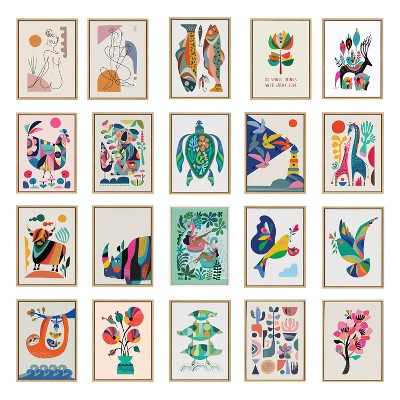 Colorful Mid-Century Modern Botanical Canvas Print with Natural Frame