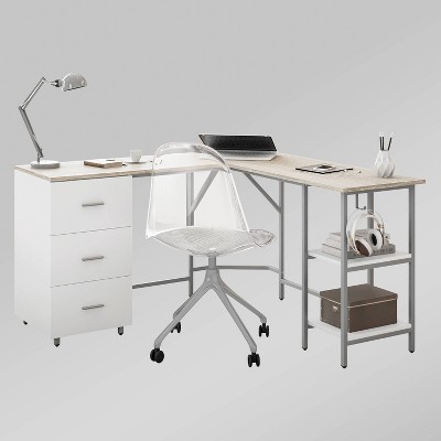 Sand Wood L-Shape Gaming Computer Desk with Drawer