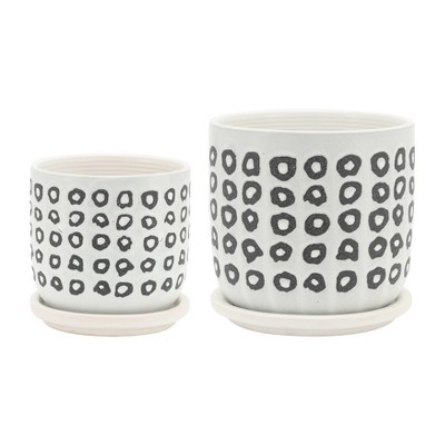 Sagebrook Home 6" Wide 2pc Aztec Planters with Saucer Black: Ceramic Outdoor Herb & 6inch Pot Set