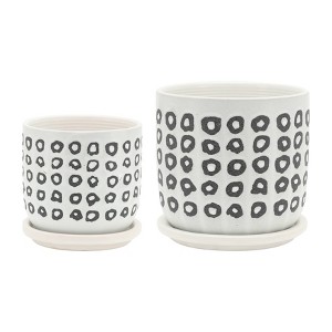 Sagebrook Home 6" Wide 2pc Aztec Planters with Saucer Black: Ceramic Outdoor Herb & 6inch Pot Set - 1 of 4