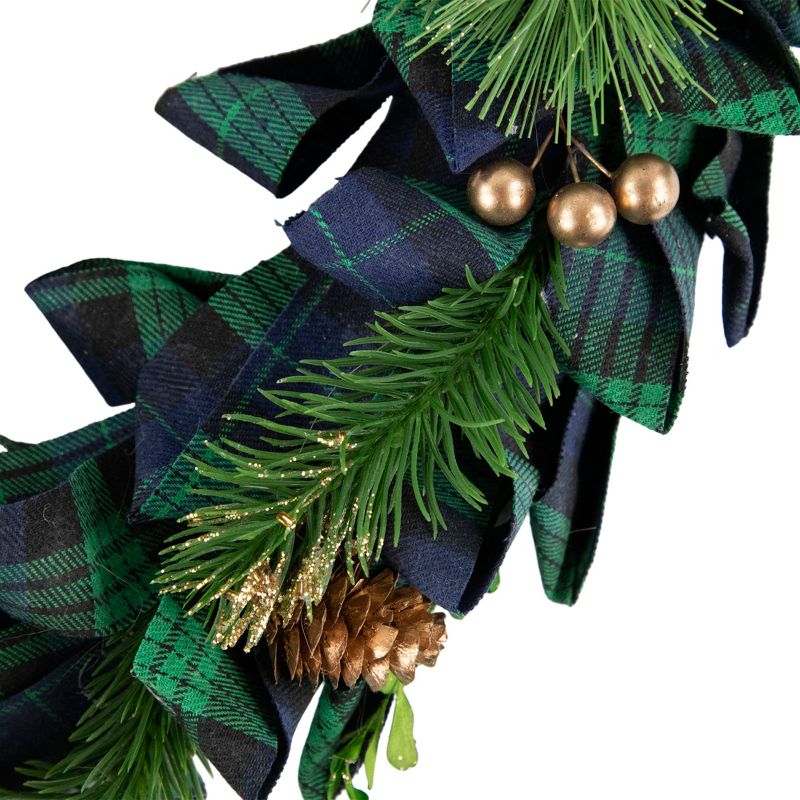 Northlight Blue and Green Plaid Bow Artificial Pine Christmas Wreath, 17.75-Inch, Unlit, 3 of 4