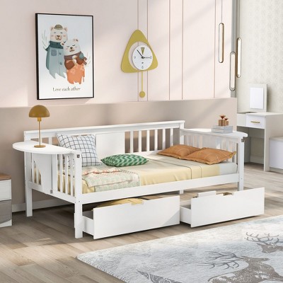 NicBex Twin Size Daybed Modern Wooden Bed Frame with 2 Drawers, 2 Tables and Guardrails for Bedroom, Living Room, No Box Spring Required