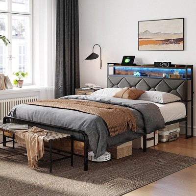 Bed Frame, Upholstered Platform Frame with Storage Headboard, LED and Charging Station