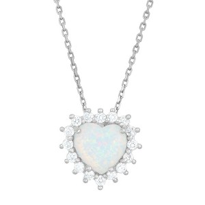 Opalata Sterling Silver White Inlay Opal Heart with CZ Border 18" Pendant Necklace - White - 1 of 2