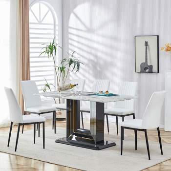 7-Piece Faux Marble Dining Table Set with 6 Upholstered Chairs - ModernLuxe