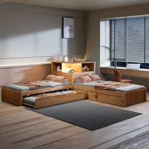 Twin Size L-Shaped Platform Bed Frame Corner Bed with Desk, Trundle & LED Light - ModernLuxe - 1 of 4