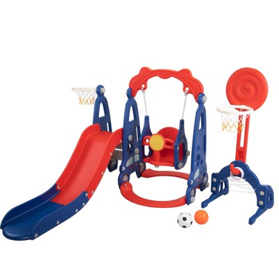 DSVIMOY 5 in 1 Slide and Swing Playing Set, Toddler Slide with 2 Basketball Hoops, Football, Ringtoss, Indoor Outdoor, Red, 70.05"*55.12"*45.67"