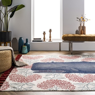 Coastal Charm Red Cotton Flatweave Whale Area Rug, 3' x 5'