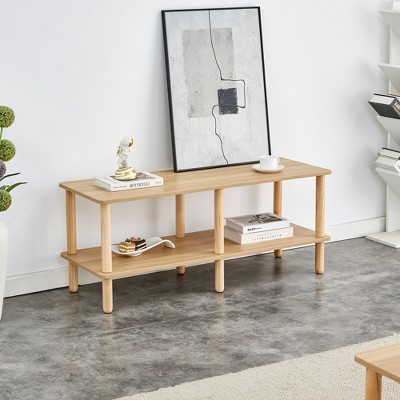 Modern 2-Tier Coffee Table for Living Room Furniture, Center Table with Open Storage Shelf, Rounded Rubberwood legs