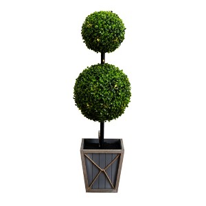 Nearly Natural 3-ft UV Resistant Artificial Double Ball Boxwood Topiary with LED Lights in Decorative Planter (Indoor/Outdoor) - 1 of 4