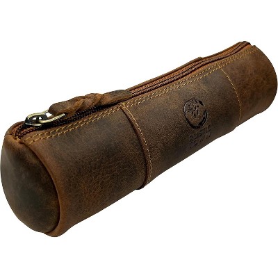 Fmeida Town Leather Pencil Case - Full Grain Leather Zippered Pen Pouch - Stationery Bag Pen Holder for Work & Office Brown