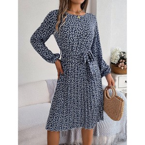 Coolmee Women Casual Smocked Crew Neck Floral Long Sleeve A-Line Swing Midi Dress With Belt - 1 of 4