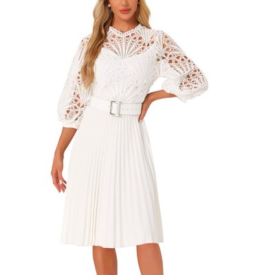 INSPIRE CHIC Women's Floral Lace Panel 3/4 Sleeves Belted A-Line Pleated Dresses