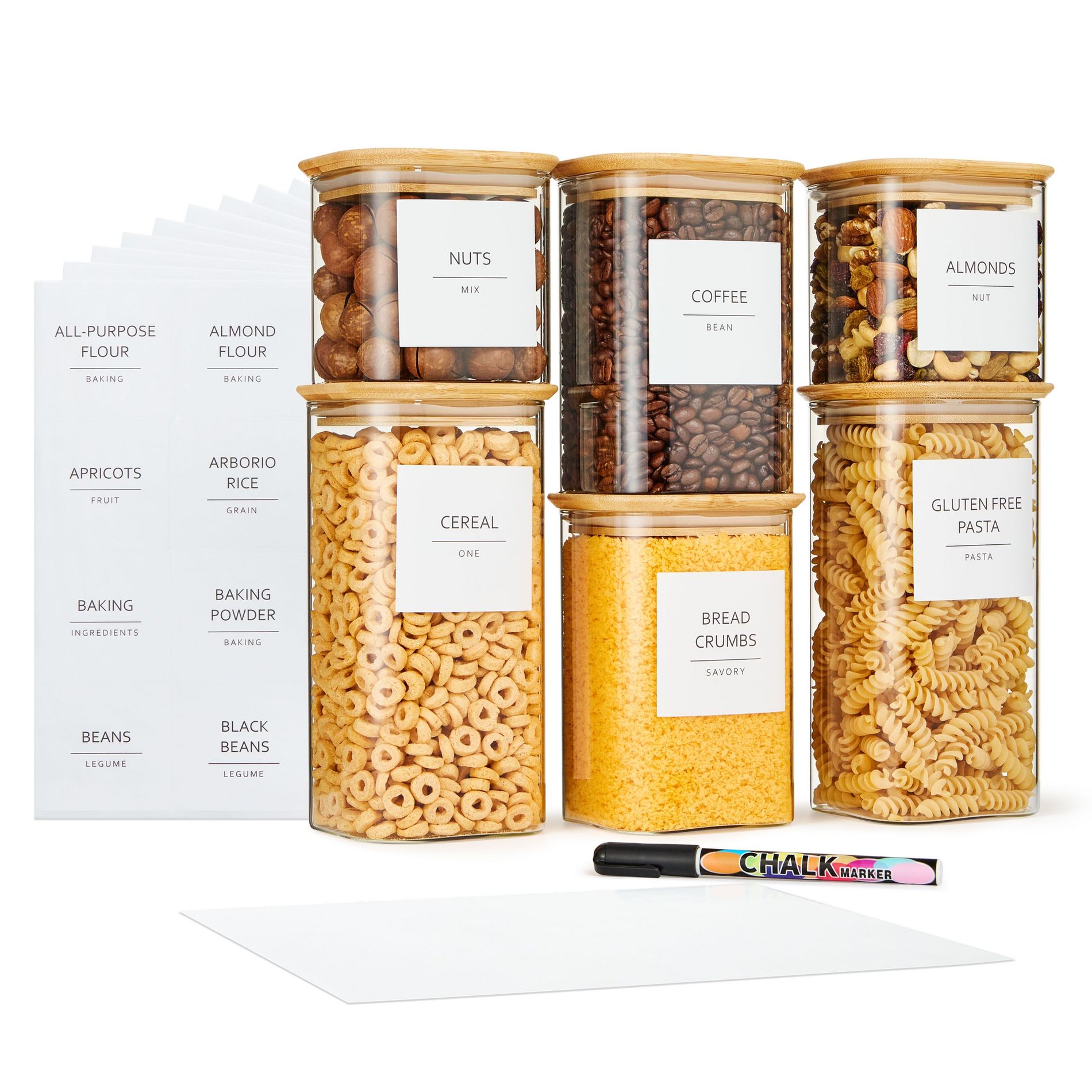 Talented Kitchen 6 Pack Square Glass Containers with Bamboo Lids & Preprinted Labels for Organizing (24 fl.oz, 37 fl.oz., 51 fl.oz.)