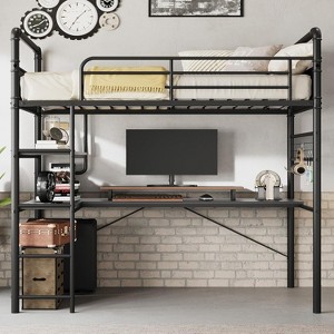Acekool Twin Loft Bed with L-Shaped Desk, 2 Open Shelves, Mesh Panel, Guardrail, Ladder - 1 of 4