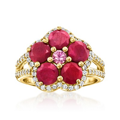 Ross-Simons 3.50 ct. t.w. Ruby and .20 Carat Pink Sapphire Flower Ring With .60 ct. t.w. White Topaz in 18kt Gold Over Sterling