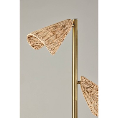 Antique Brass and Natural Rattan Adjustable Dual-Light Floor Lamp