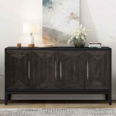 Multi-Functional 4-Door Sideboard Cabinet with Brushed Metal Doors and Fir Wood Veneer, Detailed with Elegant Handles, Ideal for Diverse Rooms.