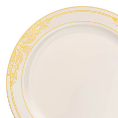 Smarty Had A Party 10.25" Ivory w/ Gold Rim Plastic Dinner Plates - 120 pcs