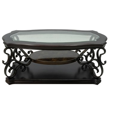 DOMETOUR Cocktail Table, Glass table top, MDF W/marble paper middle shelf, powder coat finish metal legs. (52Lx32Wx20.3H)