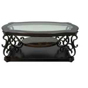 DOMETOUR Cocktail Table, Glass table top, MDF W/marble paper middle shelf, powder coat finish metal legs. (52Lx32Wx20.3H) - 1 of 4