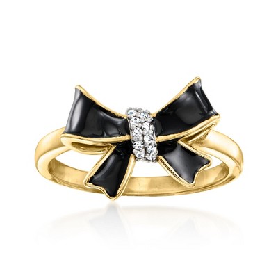 Ross-Simons Black Enamel Bow Ring With Diamonds in 18kt Gold Over Sterling