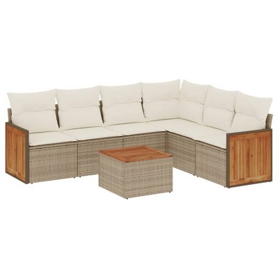 vidaXL 7 Piece Patio Sofa Set with Cushions Beige Poly Rattan - Beige and Cream With Table