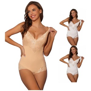 INSPIRE CHIC Women's Lace Adjustable Straps Tummy-Control Backless V Neck Body Shaper 3 Packs - 1 of 4
