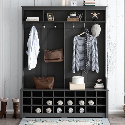 CAVINAS Hall Tree with 6 Hooks Modern Coat Rack with Bench and 24 Storage Shoe Cubbies for Entryway