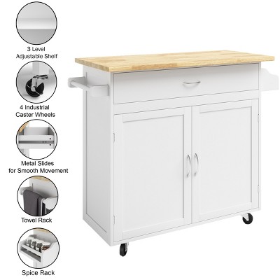White and Oak Wood Rolling Kitchen Cart with Spice Rack and Storage