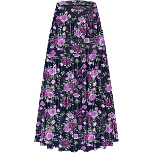 Women's Chiffon Boho Maxi Skirt - High Waist Tiered Pleated Floral A-Line Long Skirt Navy-purple Floral - 1 of 4
