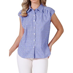 INSPIRE CHIC Women's Turndown Collar Cap Sleeve Summer Check Plaid Vintage Button Up Blouses - 1 of 4