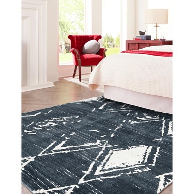 Navy Blue and Ivory Square Synthetic Area Rug