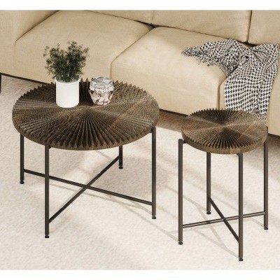 CENGHU  2-Piece Coffee and End Table Set, Waterproof MDF with PVC Cover,  Classic Rustic Side Table, Distressed Cylindrical Design Tea Table