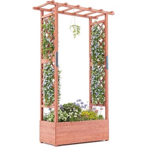 Arched Trellis Garden Planter with Hanging Roof, Features Side Supports & 4 Drainage Holes, Elevated Wooden Raised Bed for Climbing Vines - 1 of 4