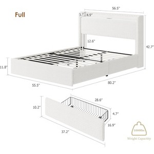 Full Size Boucle Bed Frame with Storage Headboard, Charging Station and LED Lights, No Box Spring Needed, 4 Storage Drawers - 1 of 4