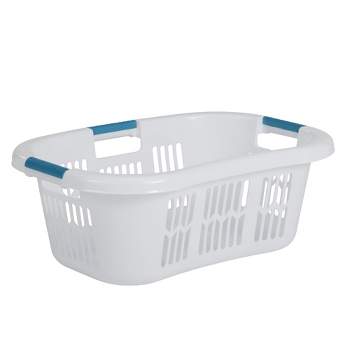 Rubbermaid 2.1-Bushel Small Hip-Hugger Portable Plastic Laundry Basket with Grab-Through Handles, White