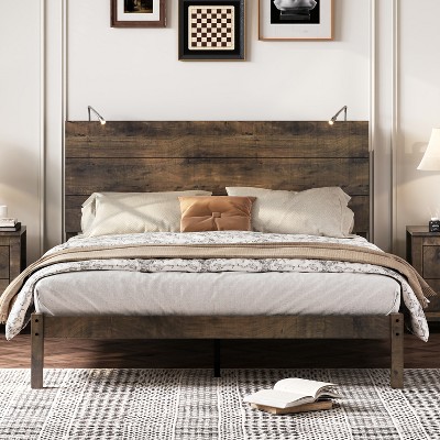 Full/Queen Size Farmhouse Wooden Platform Bed with 2 Bedside Lights - ModernLuxe