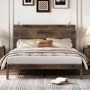 Full/Queen Size Farmhouse Wooden Platform Bed with 2 Bedside Lights - ModernLuxe - 1 of 4