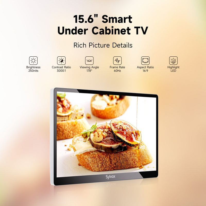 SYLVOX 15.6" Smart Kitchen TV, 1080P FHD Flip-Down Under Cabinet TV, Newest Google TV with App Store, Google Assistant, 12-Volt Smart TV for Kitchen, 3 of 11