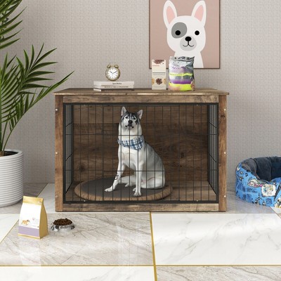 Dog Crate Furniture with Cushion, Wooden Dog Crate Table, Double Doors Furniture, Heavy Duty End Table Dog Crate for Dogs Indoor, Dog Cage Medium, C