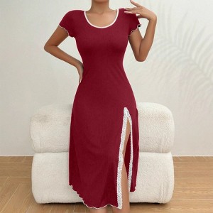 Ribbed Dress Short Sleeve Midi Dress with Lace Side Slit Dresses - 1 of 3